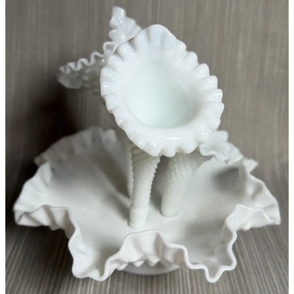 Vtg Fenton Milk Glass Hobnail 3 Horn Epergne Centerpiece Ruffled Trumpet Vase